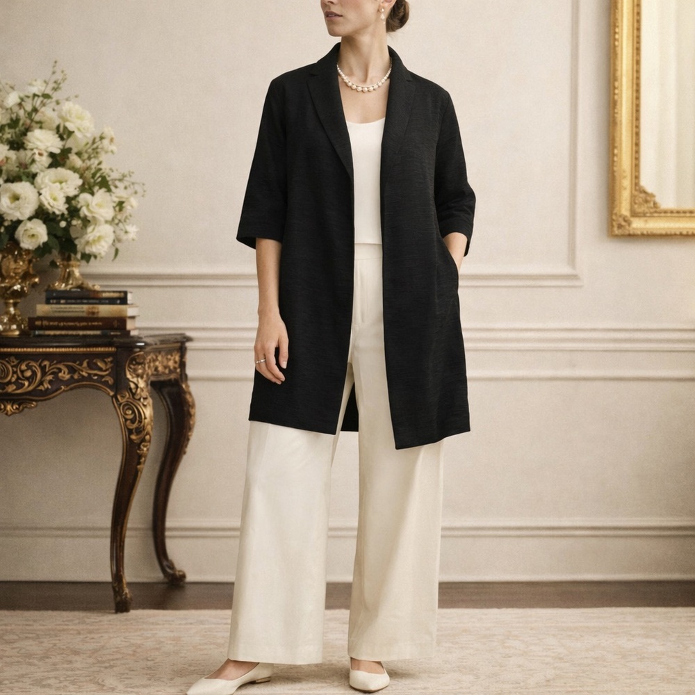Eileen Fisher Black Textured Duster Blazer Elbow Sleeve Lagenlook Quiet Luxury